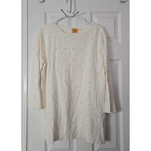 Ruby Red Womans Pullover Sweater Size Large Winter White with Gold Studs.